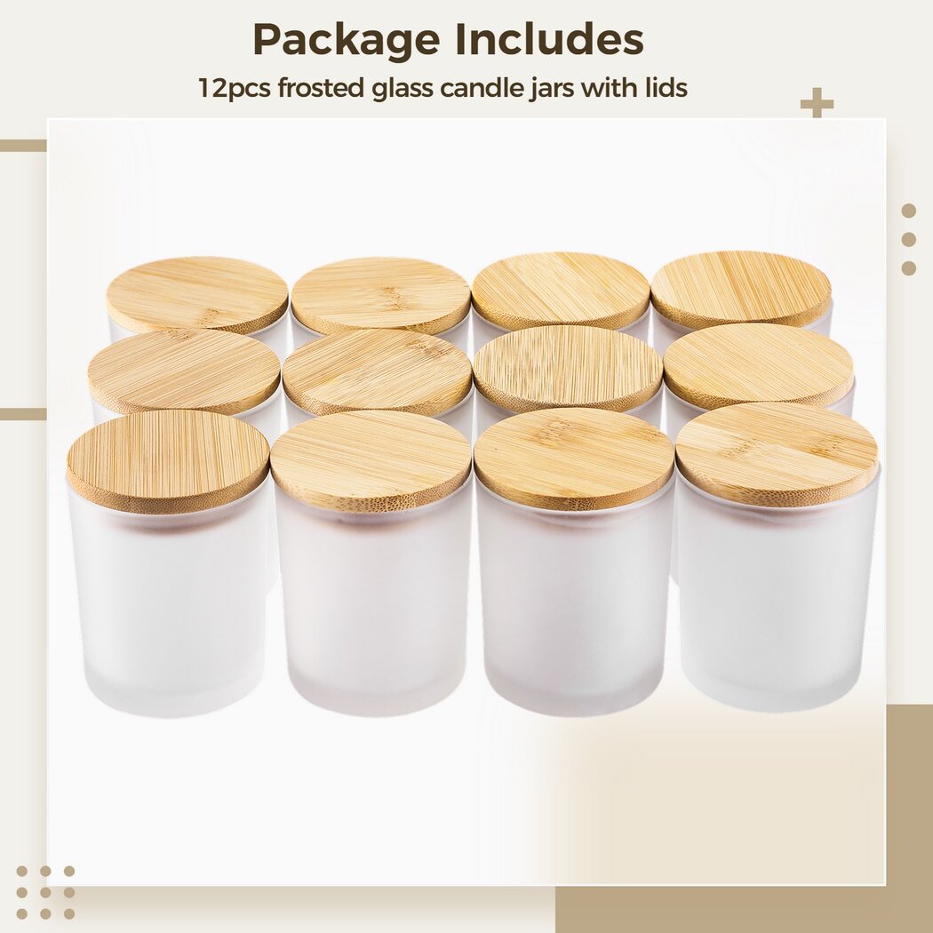 Frosted Glass Candle Jars, 12 Pack Candle DIY Glass Jars with Bamboo Lids,  10oz Empty Candle Tins Thick Glass for Making Candles, Dried Flowers,  Spice, Tea, Essential Oil Containers, Dishwasher Safe 
